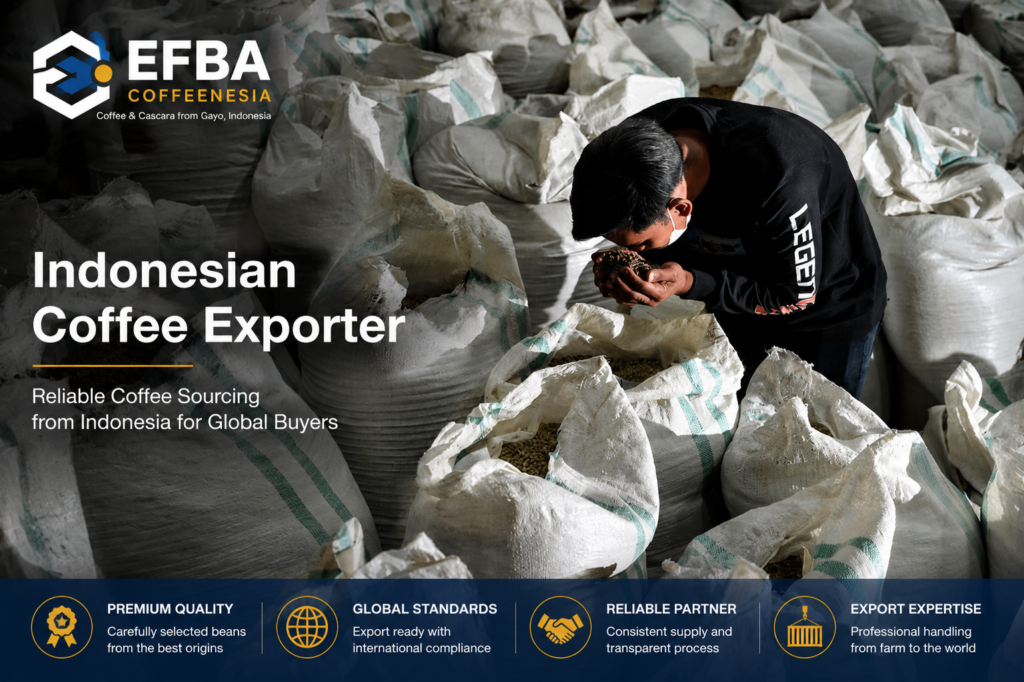 Indonesian coffee exporter inspecting coffee beans for global buyers